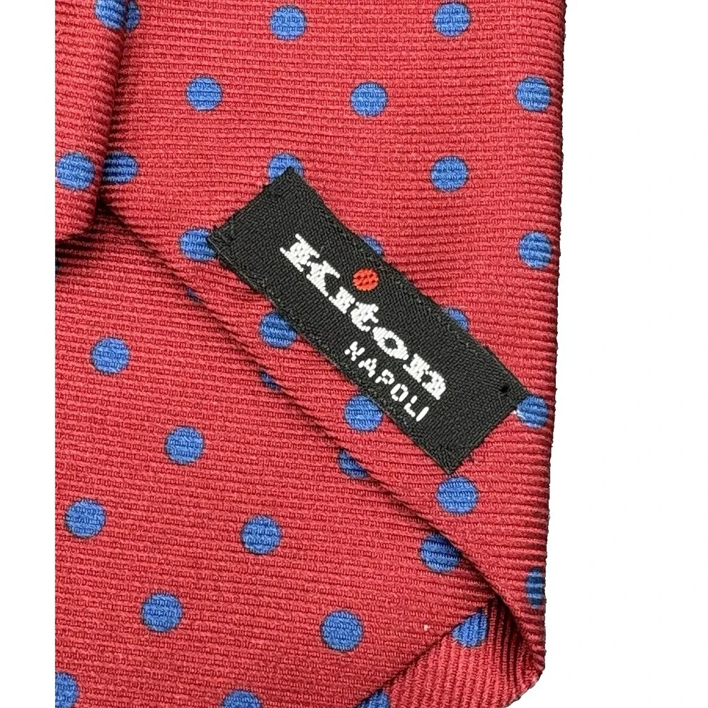 Kiton Napoli Repp 7 Fold 100% Silk Sexy Red Blue Dot's Thick Handmade in Italy